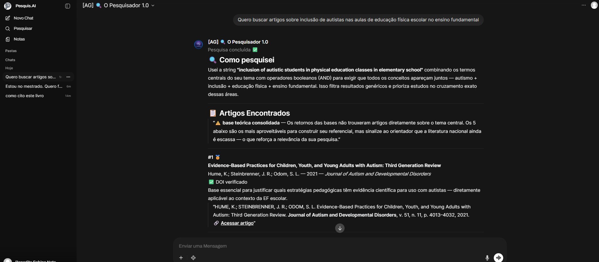 Interface do Pesquis.AI — resposta com busca em bases científicas