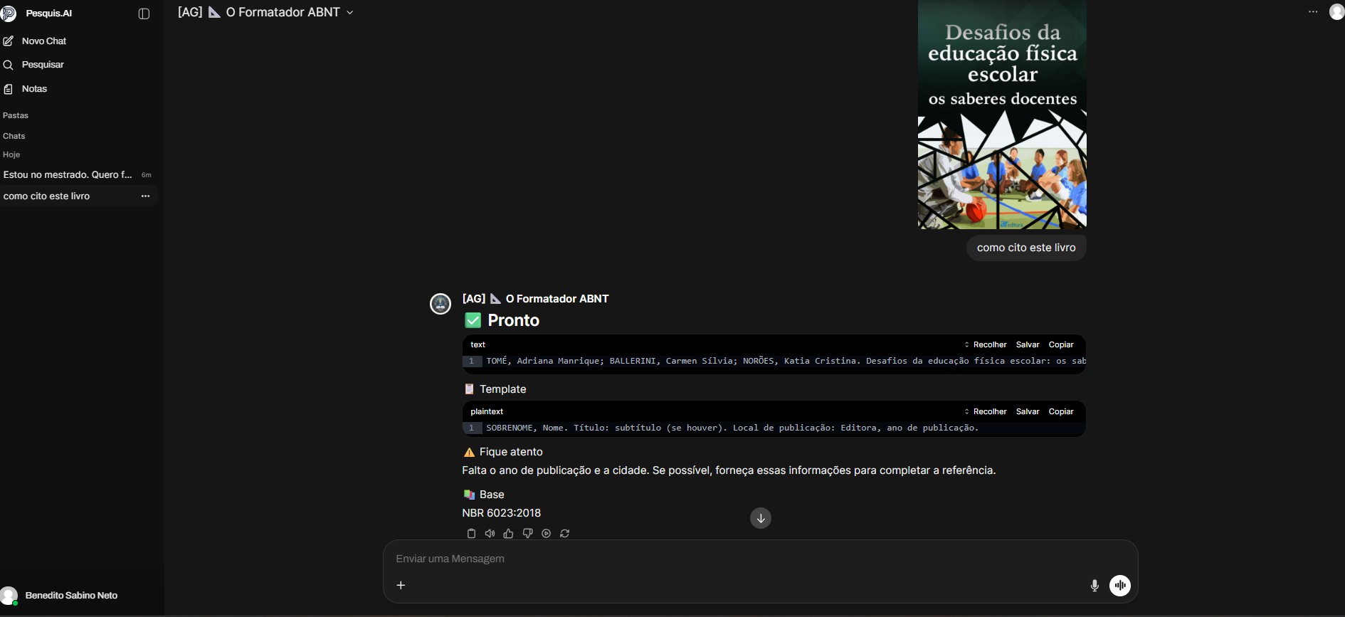 Interface do Pesquis.AI — formatando referência ABNT